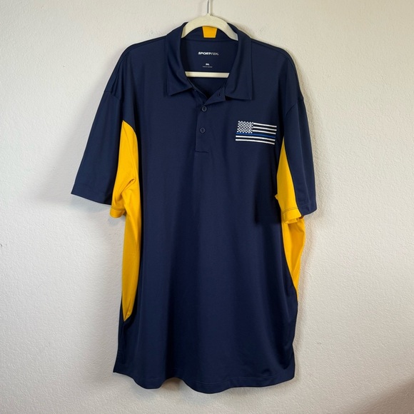 Sport-Tek Navy Blue Yellow Short Sleeve Flag Embroidered Logo Polo T Shirt 3XL - Picture 1 of 9
